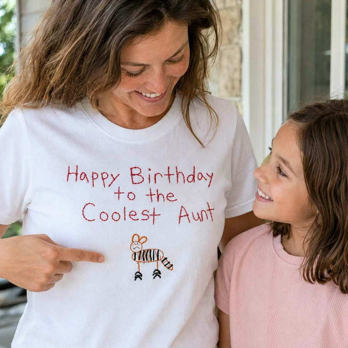 Custom Kids Drawing for Aunt Birthday T-Shirt, Embroidered Drawing from Photo Gift For Aunt from Niece