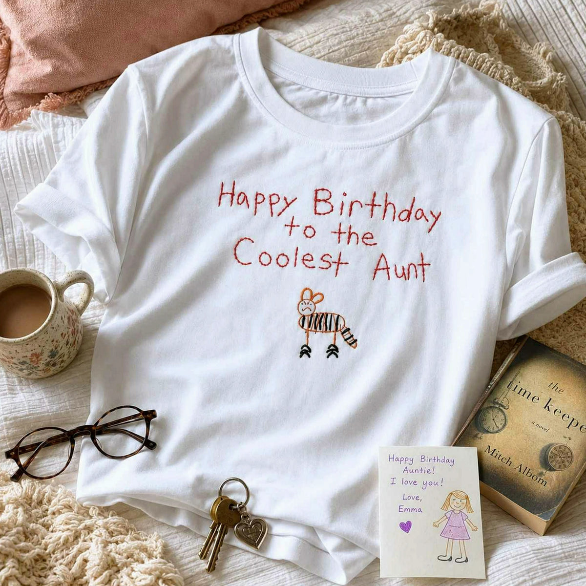 Custom Kids Drawing for Aunt Birthday T-Shirt, Embroidered Drawing from Photo Gift For Aunt from Niece