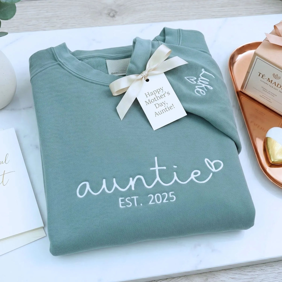 custom embroidered aunt sweatshirt with kids names on sleeve personalized gift for aunt