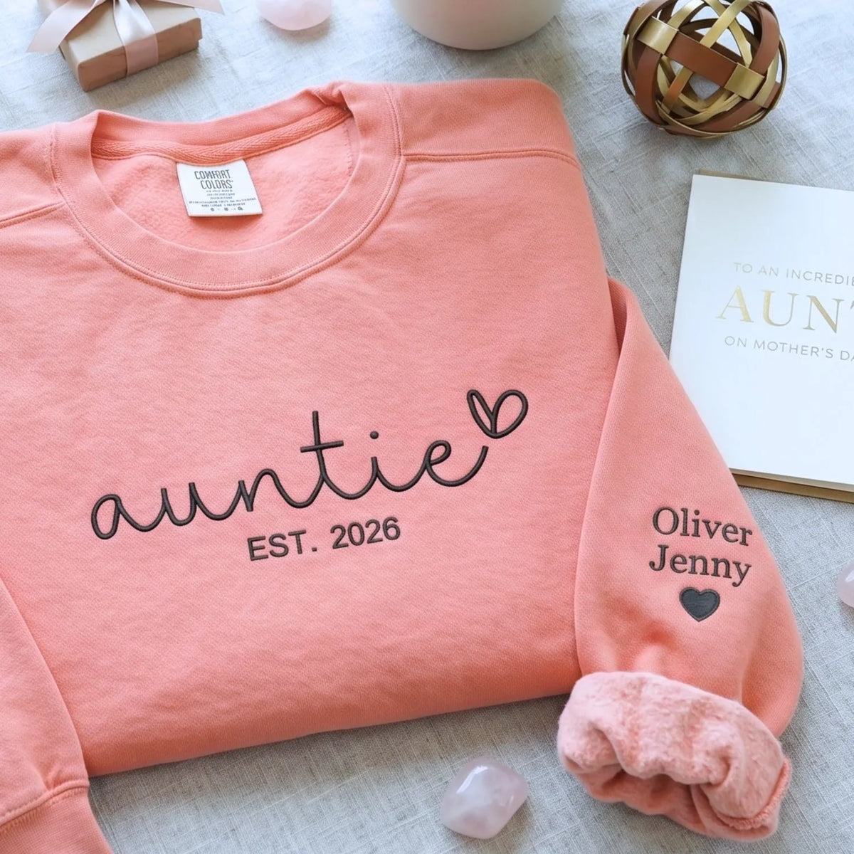custom embroidered aunt sweatshirt with kids names on sleeve personalized gift for aunt