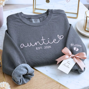 custom embroidered aunt sweatshirt with kids names on sleeve personalized gift for aunt