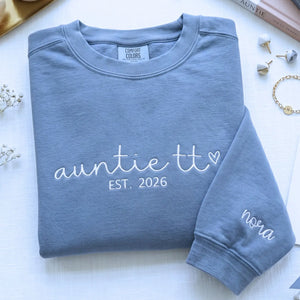 custom embroidered aunt sweatshirt with kids names on sleeve personalized gift for aunt