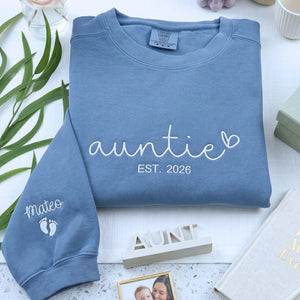 custom embroidered aunt sweatshirt with kids names on sleeve personalized gift for aunt