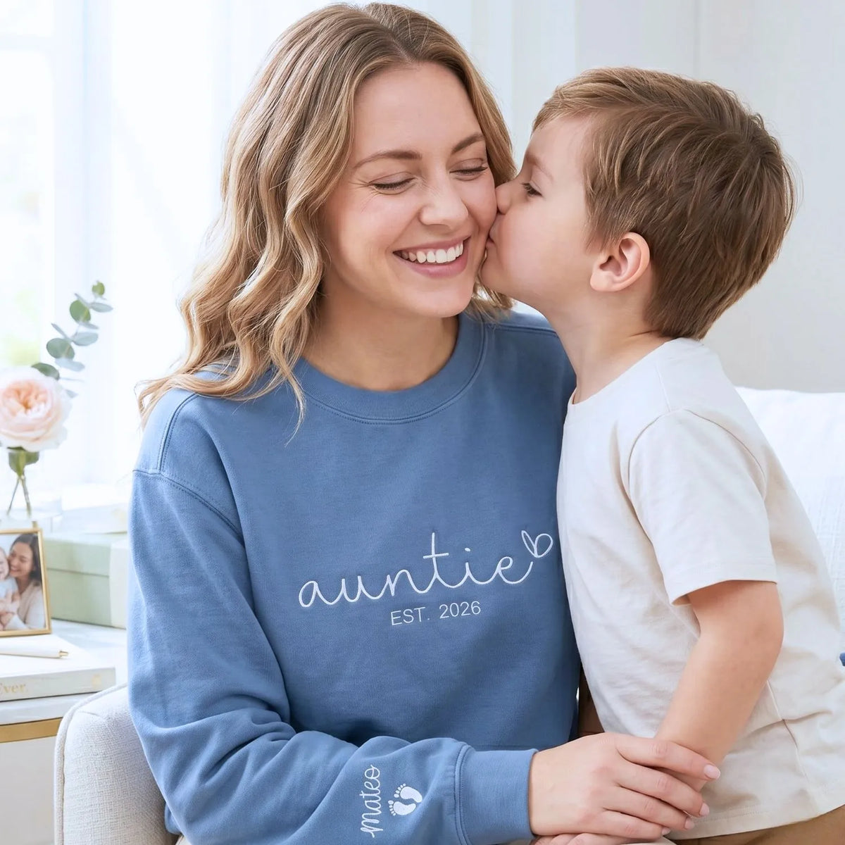 custom embroidered aunt sweatshirt with kids names on sleeve personalized gift for aunt