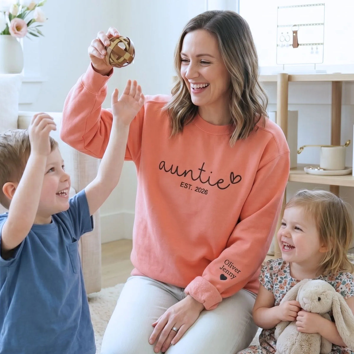 custom embroidered aunt sweatshirt with kids names on sleeve personalized gift for aunt