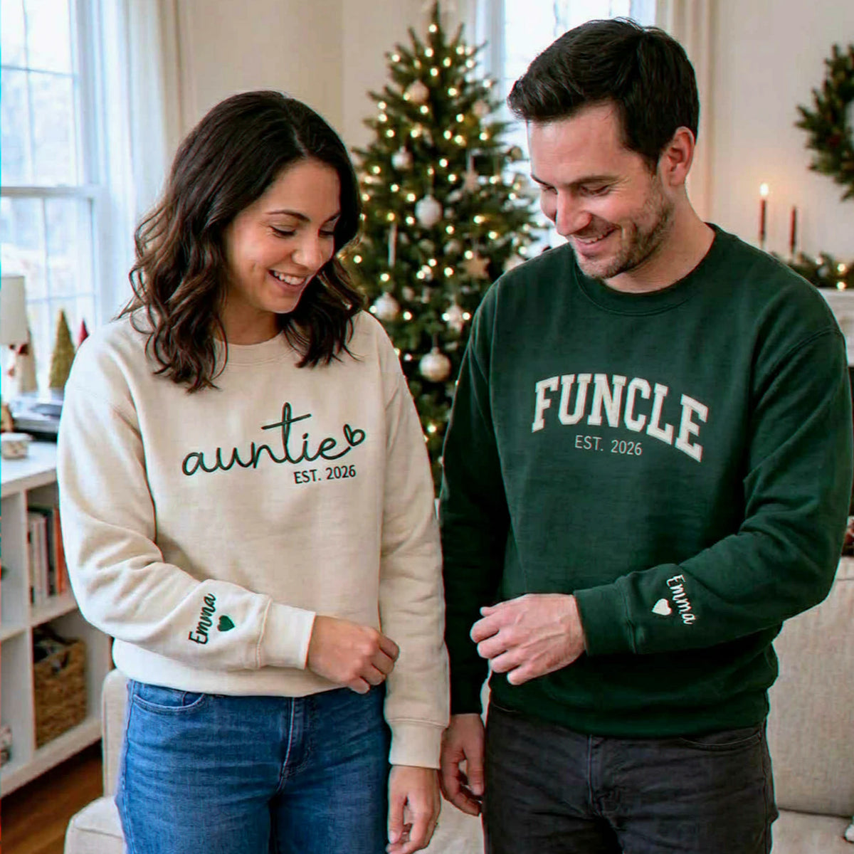 Matching Auntie and Funcle Sweatshirts, Embroidered Name Est Year Crewneck, Christmas Gifts for Aunt and Uncle