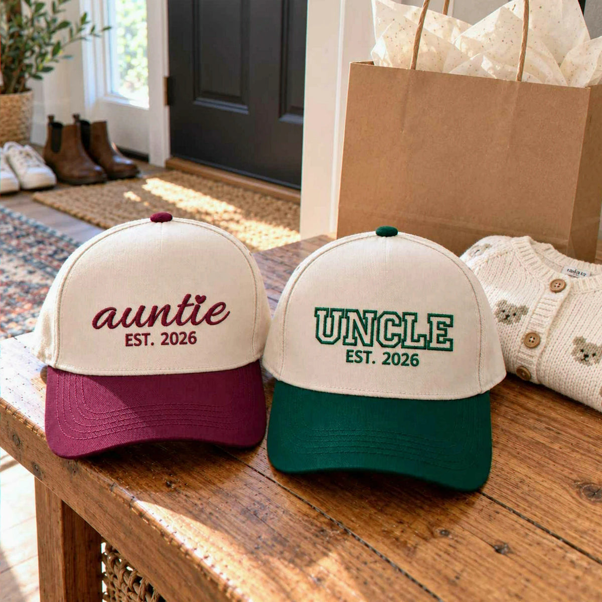 Matching Auntie Uncle Snapback Hat, Embroidered Baseball Cap with EST Year, Gift for New Auntie and Uncle