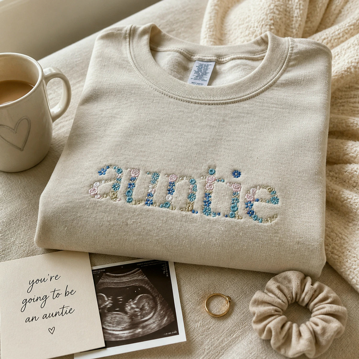 Embroidered Floral Auntie Sweatshirt - Personalized New Aunt Crewneck with Kid's Name's