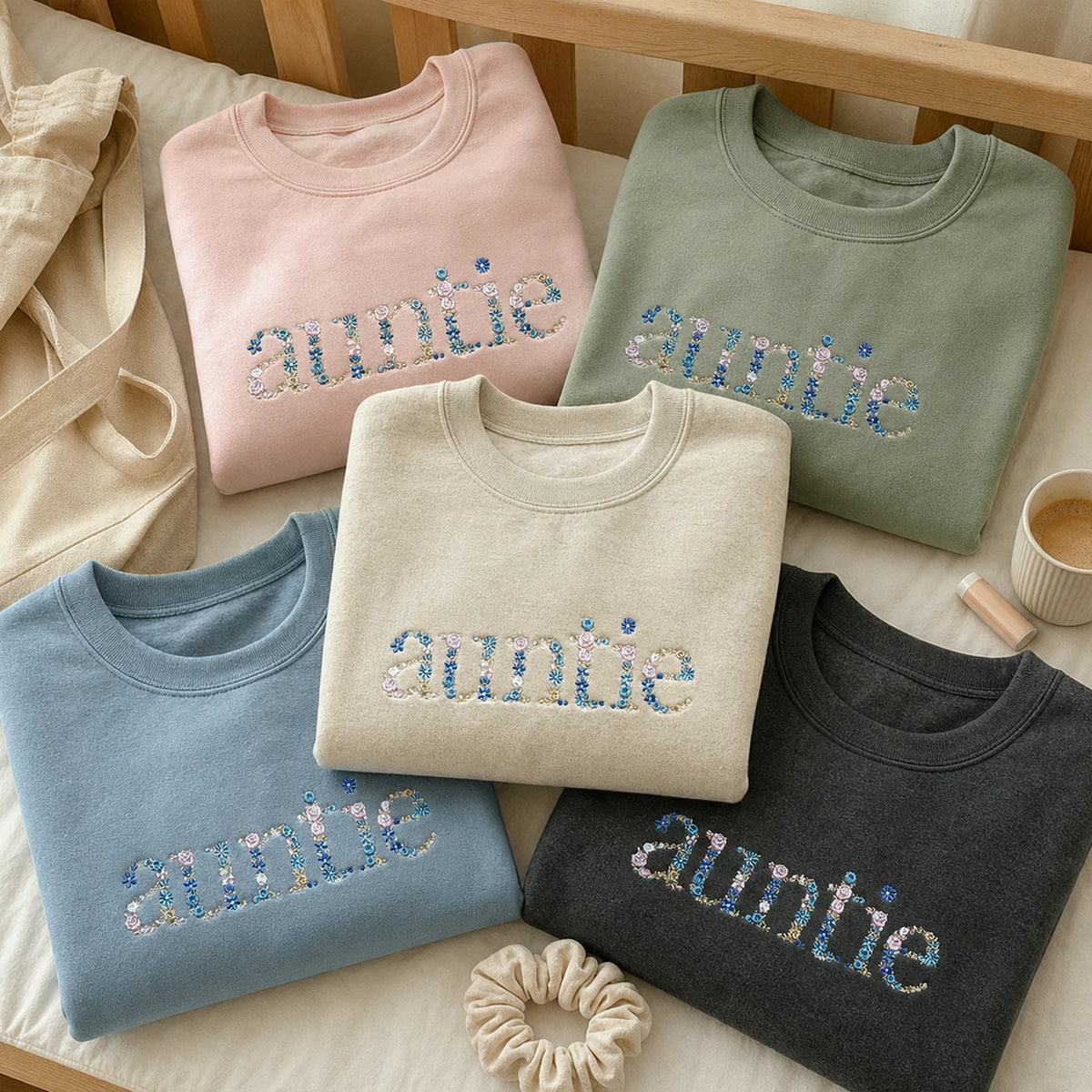 Embroidered Floral Auntie Sweatshirt - Personalized New Aunt Crewneck with Kid's Name's