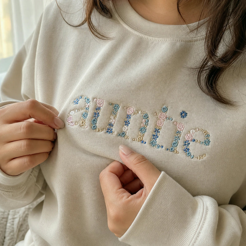 Embroidered Floral Auntie Sweatshirt - Personalized New Aunt Crewneck with Kid's Name's