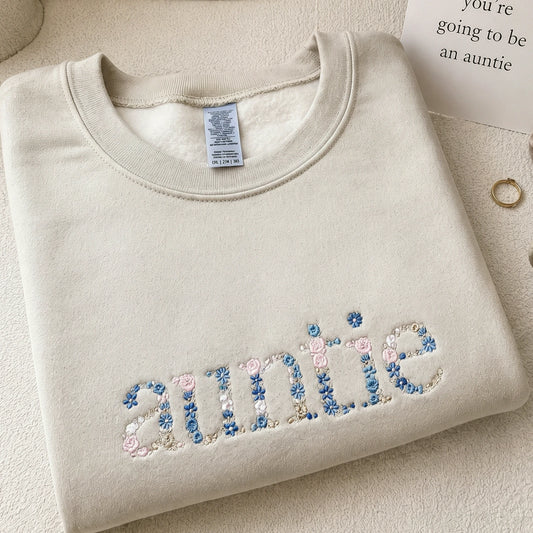 Embroidered Floral Auntie Sweatshirt - Personalized New Aunt Crewneck with Kid's Name's