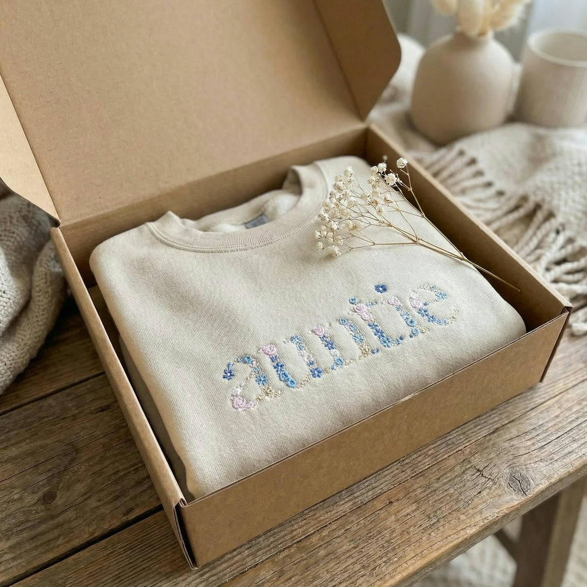 Embroidered Floral Auntie Sweatshirt - Personalized New Aunt Crewneck with Kid's Name's