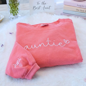 custom embroidered auntie sweatshirt with kids names on sleeve personalized gift for aunt
