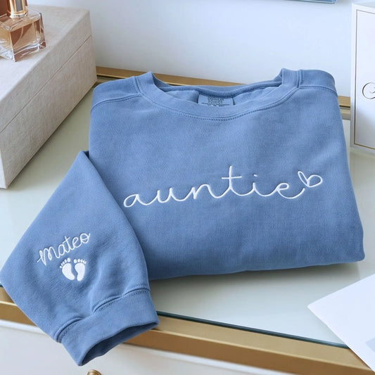 custom embroidered auntie sweatshirt with kids names on sleeve personalized gift for aunt