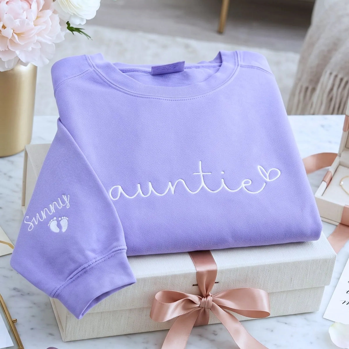 custom embroidered auntie sweatshirt with kids names on sleeve personalized gift for aunt