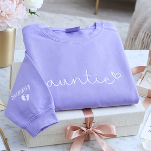 custom embroidered auntie sweatshirt with kids names on sleeve personalized gift for aunt