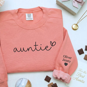 custom embroidered auntie sweatshirt with kids names on sleeve personalized gift for aunt