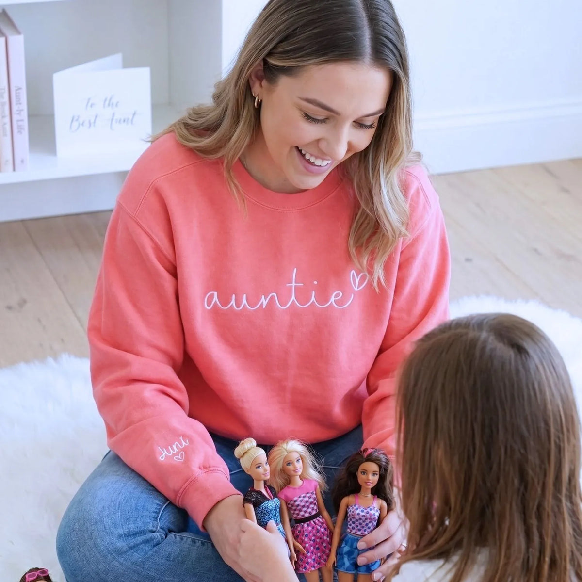 custom embroidered auntie sweatshirt with kids names on sleeve personalized gift for aunt
