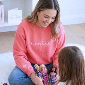 custom embroidered auntie sweatshirt with kids names on sleeve personalized gift for aunt