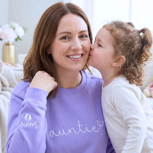 custom embroidered auntie sweatshirt with kids names on sleeve personalized gift for aunt