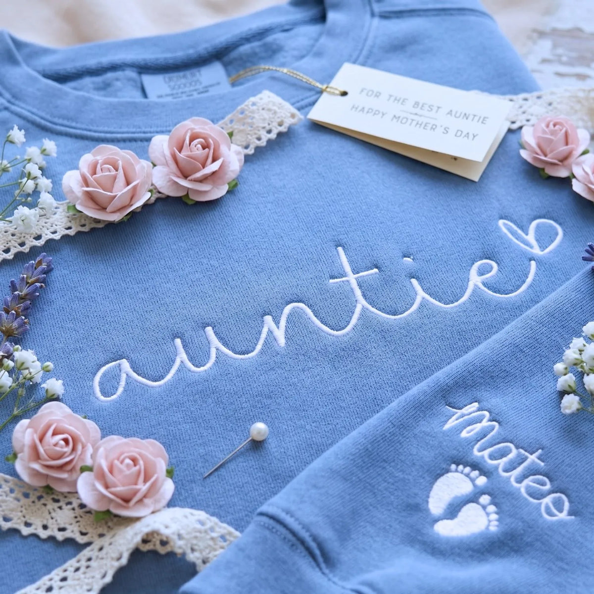custom embroidered auntie sweatshirt with kids names on sleeve personalized gift for aunt