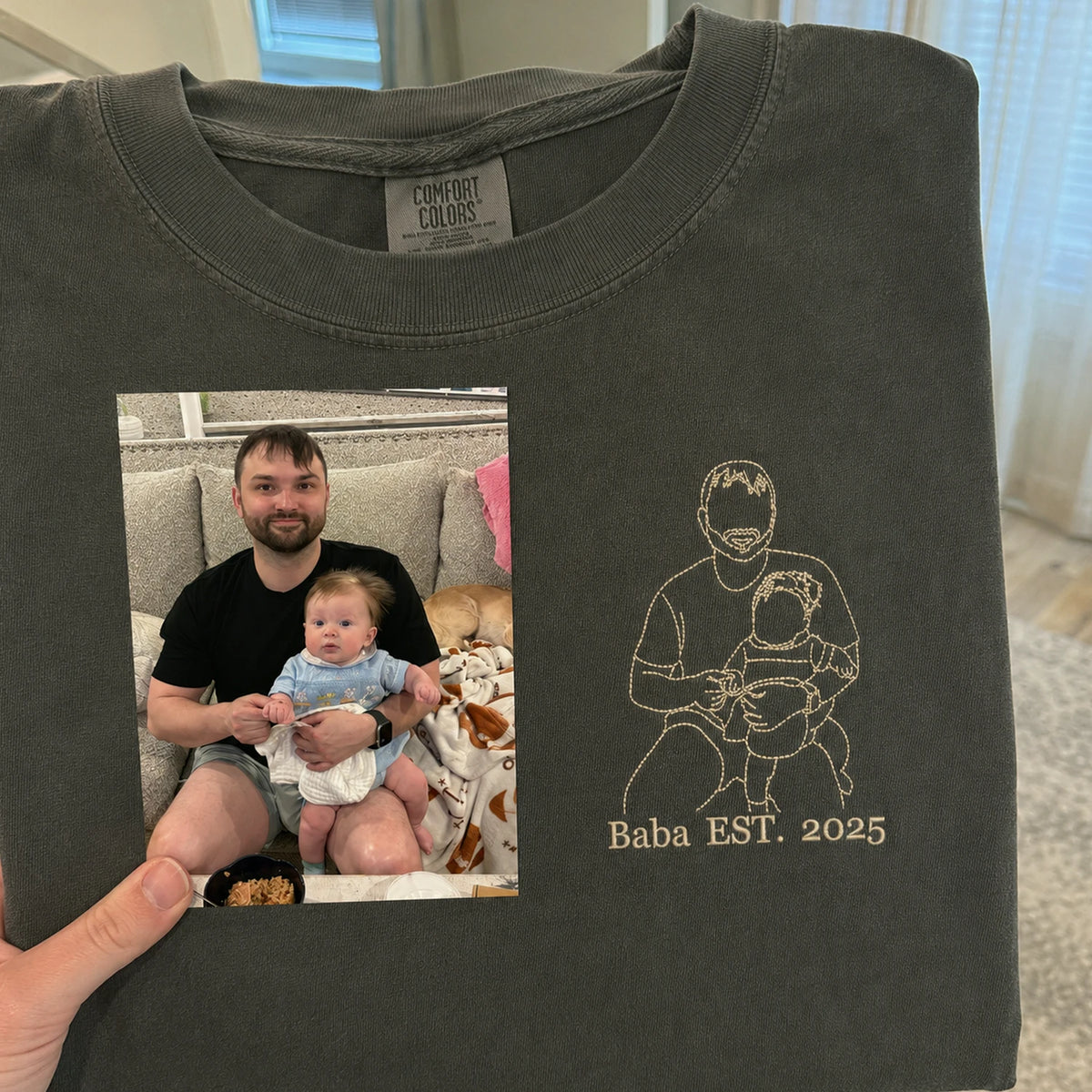 Personalized Baba Photo Line Art T-Shirt or Sweatshirt for Dad, Embroidered Father's Day Gift