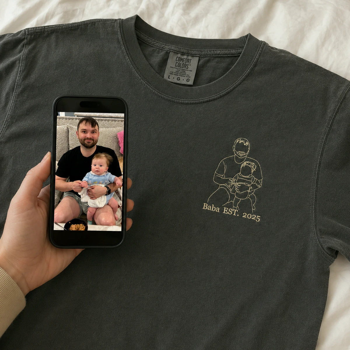 Personalized Baba Photo Line Art T-Shirt or Sweatshirt for Dad, Embroidered Father's Day Gift