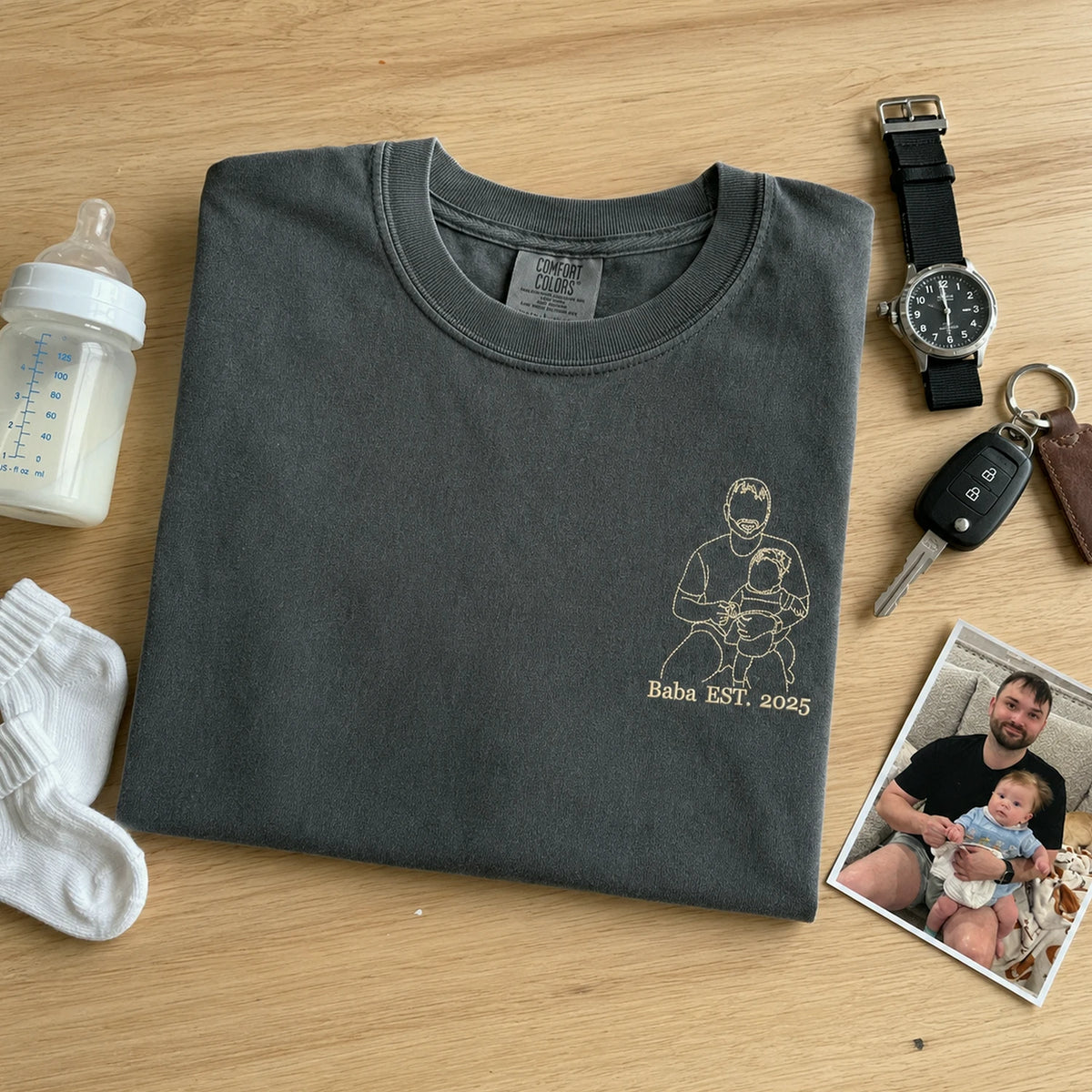 Personalized Baba Photo Line Art T-Shirt or Sweatshirt for Dad, Embroidered Father's Day Gift