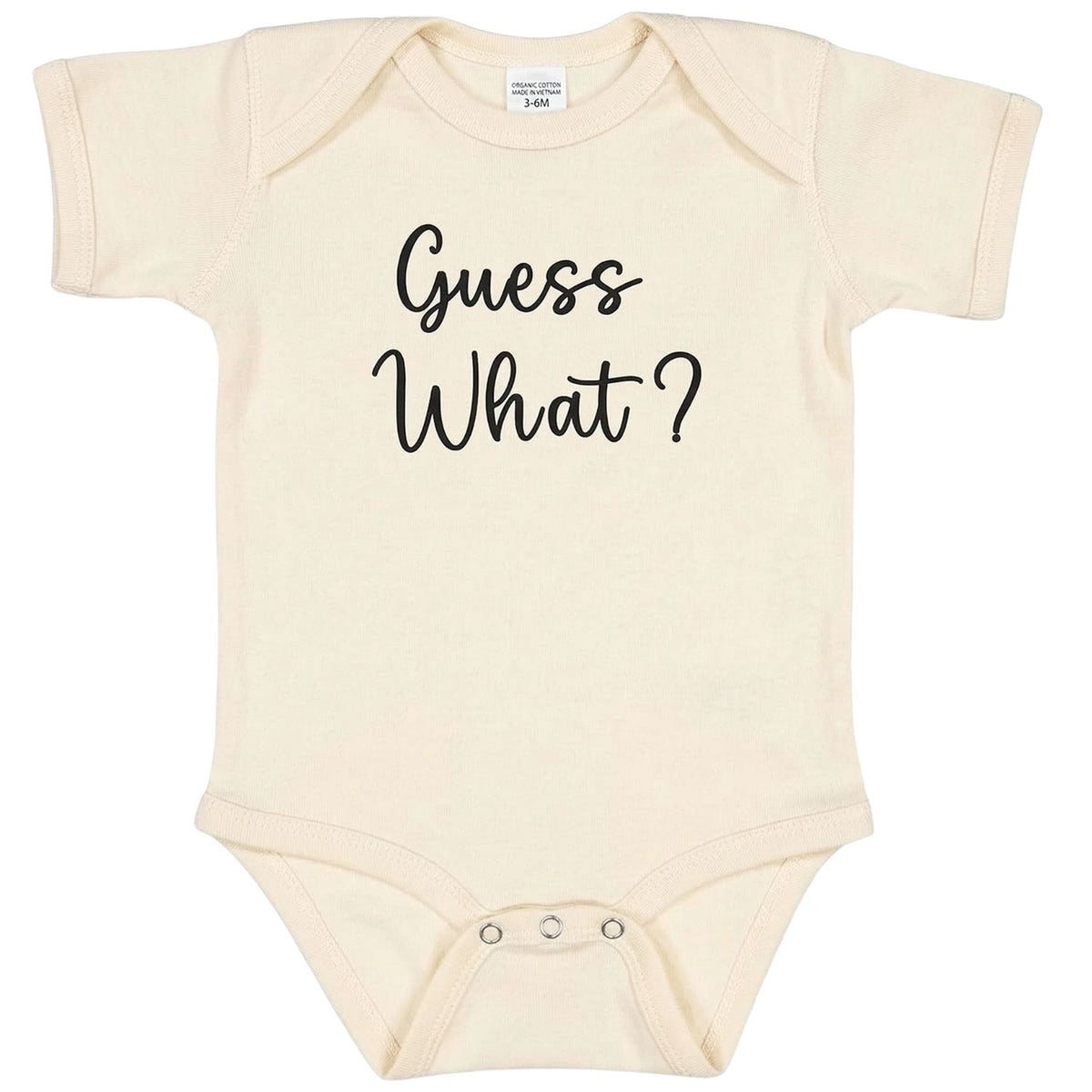 Embroidered “Guess What” baby onesie for pregnancy announcement, soft and cozy newborn bodysuit