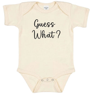 Embroidered “Guess What” baby onesie for pregnancy announcement, soft and cozy newborn bodysuit