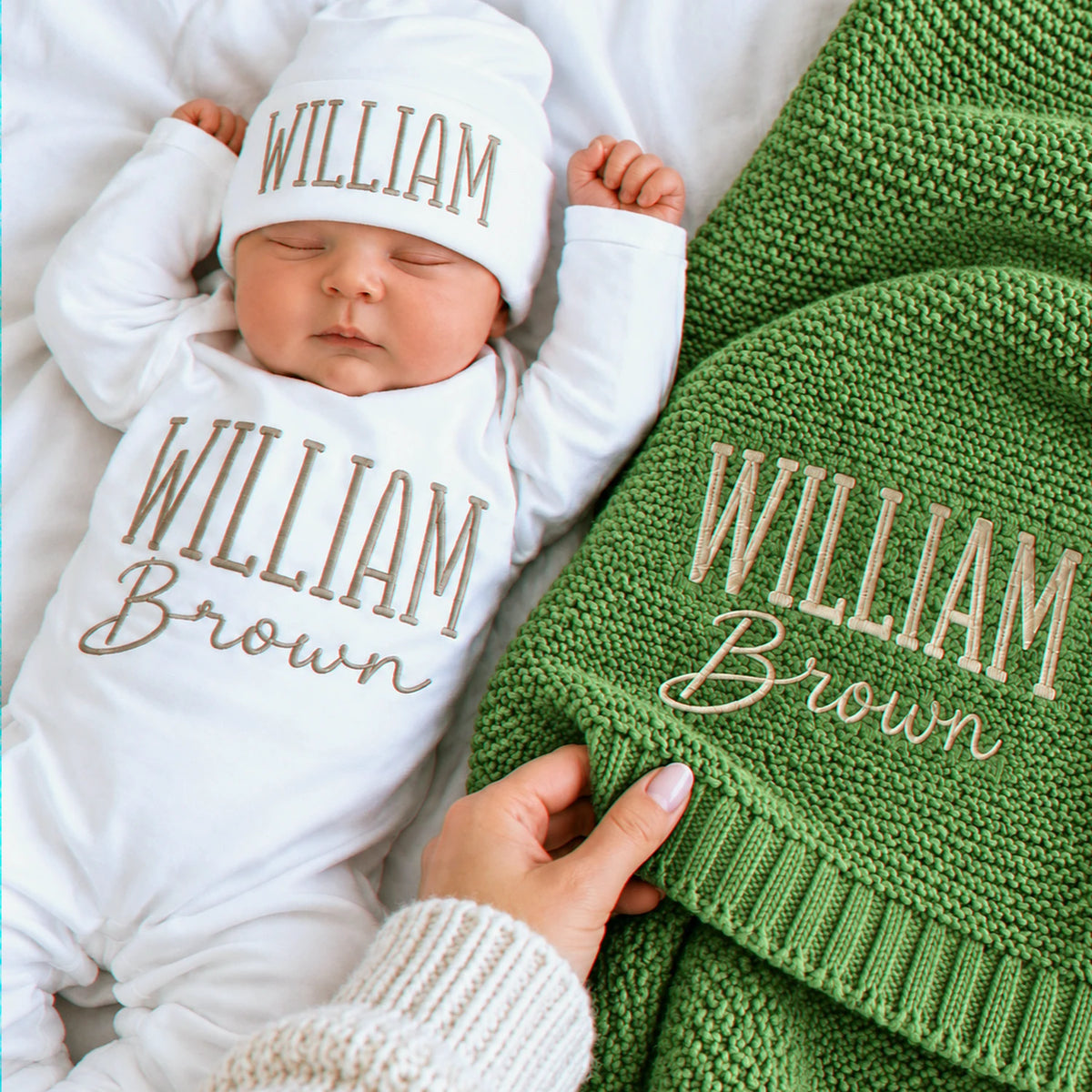 Custom Baby Blanket with Name, Personalized Newborn Outfit and Hat, Embroidered Baby Gift, Coming Home Set
