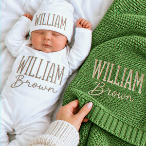 Custom Baby Blanket with Name, Personalized Newborn Outfit and Hat, Embroidered Baby Gift, Coming Home Set
