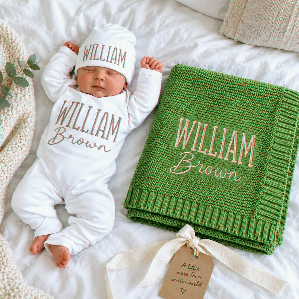 Custom Baby Blanket with Name, Personalized Newborn Outfit and Hat, Embroidered Baby Gift, Coming Home Set