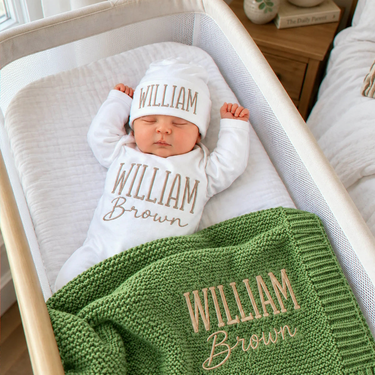 Custom Baby Blanket with Name, Personalized Newborn Outfit and Hat, Embroidered Baby Gift, Coming Home Set