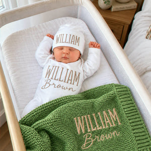 Custom Baby Blanket with Name, Personalized Newborn Outfit and Hat, Embroidered Baby Gift, Coming Home Set
