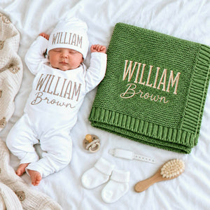 Custom Baby Blanket with Name, Personalized Newborn Outfit and Hat, Embroidered Baby Gift, Coming Home Set