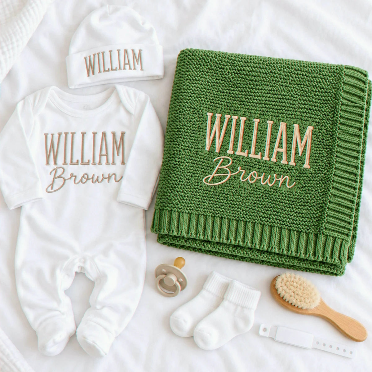 Custom Baby Blanket with Name, Personalized Newborn Outfit and Hat, Embroidered Baby Gift, Coming Home Set
