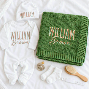 Custom Baby Blanket with Name, Personalized Newborn Outfit and Hat, Embroidered Baby Gift, Coming Home Set