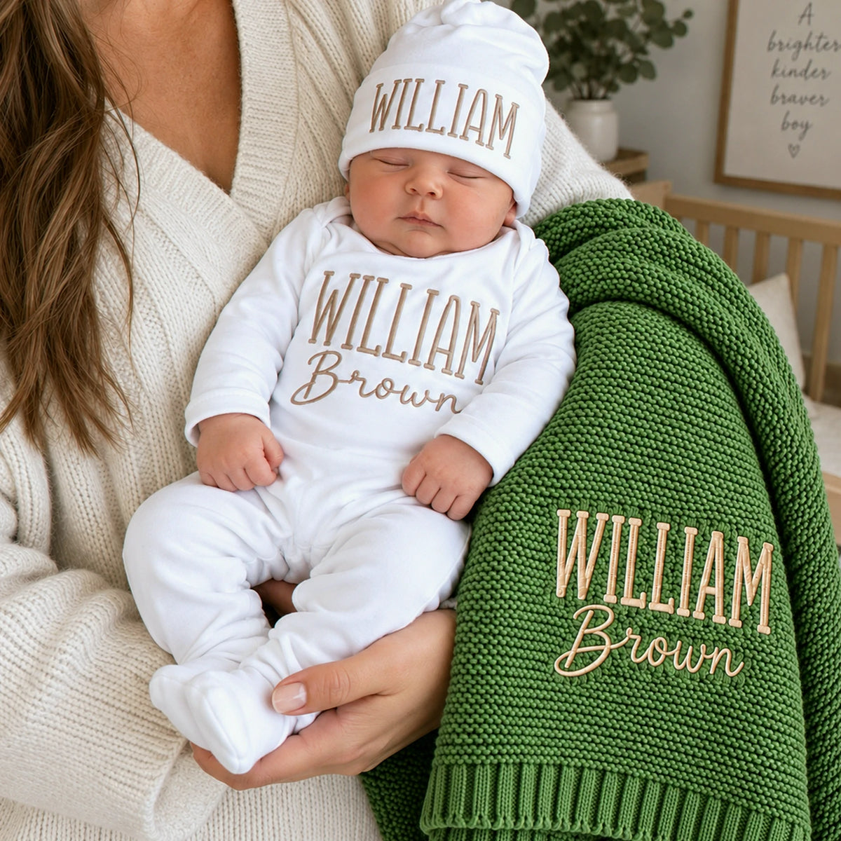 Custom Baby Blanket with Name, Personalized Newborn Outfit and Hat, Embroidered Baby Gift, Coming Home Set