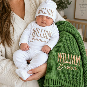 Custom Baby Blanket with Name, Personalized Newborn Outfit and Hat, Embroidered Baby Gift, Coming Home Set