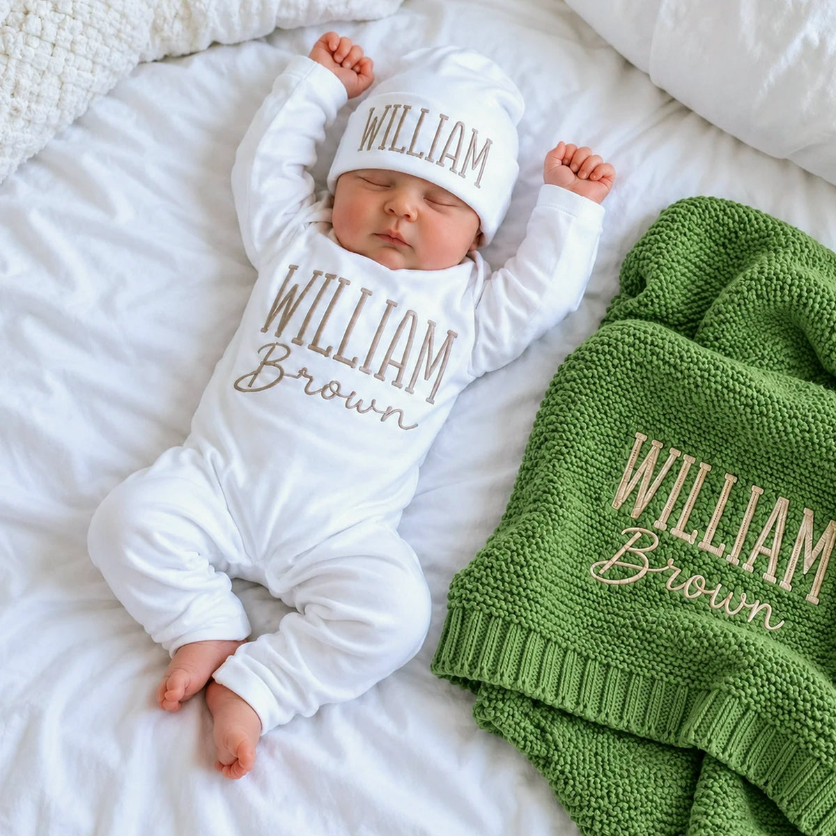 Custom Baby Blanket with Name, Personalized Newborn Outfit and Hat, Embroidered Baby Gift, Coming Home Set