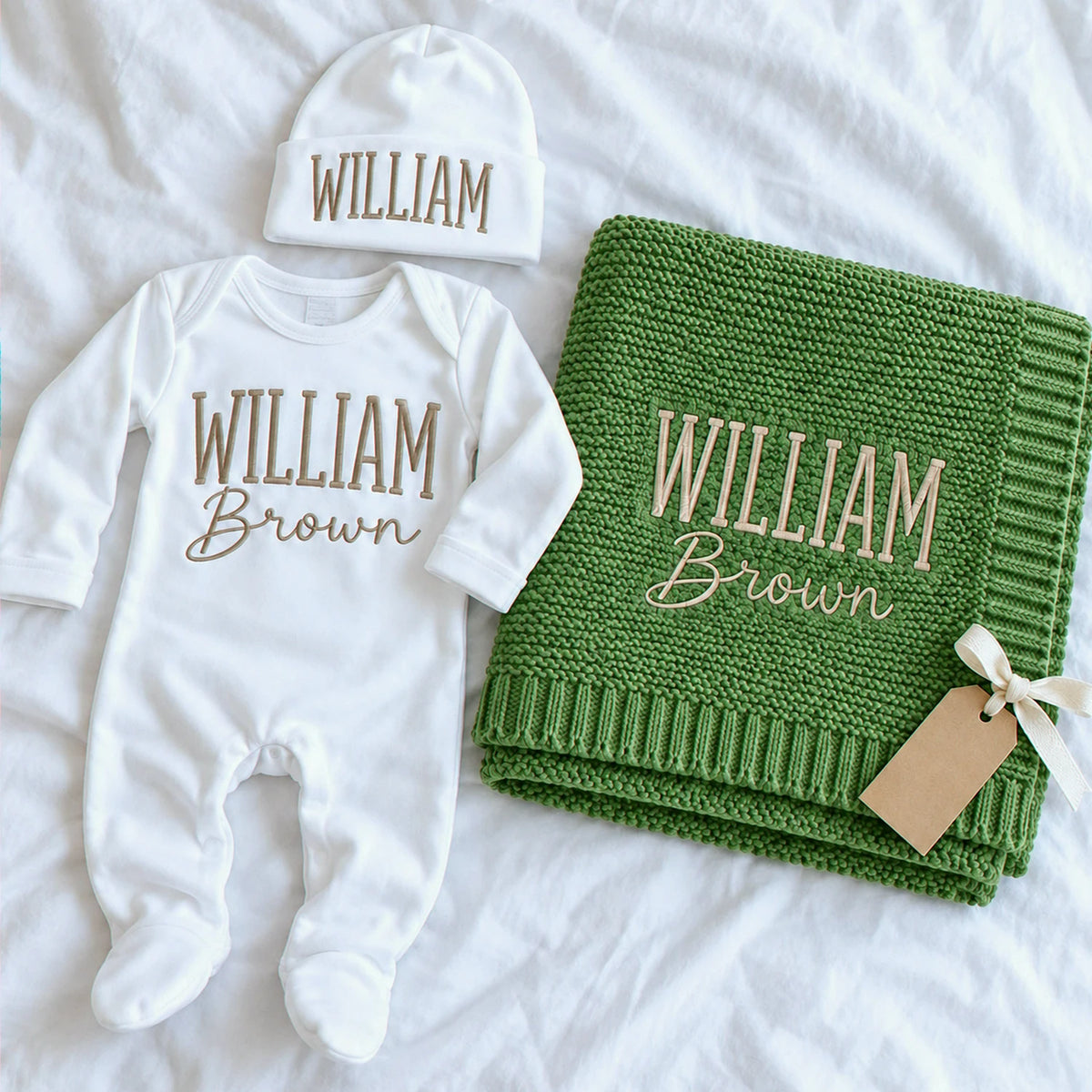 Custom Baby Blanket with Name, Personalized Newborn Outfit and Hat, Embroidered Baby Gift, Coming Home Set