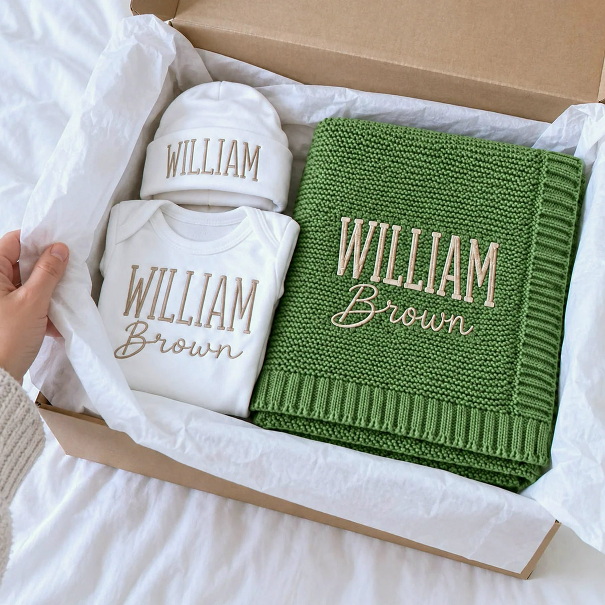 Custom Baby Blanket with Name, Personalized Newborn Outfit and Hat, Embroidered Baby Gift, Coming Home Set
