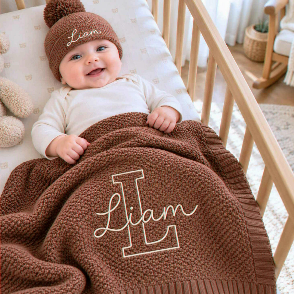 Custom Neutral Baby Blanket with Name, Embroidered Monogrammed Blanket, Grandparent Gifts for New Baby Boy