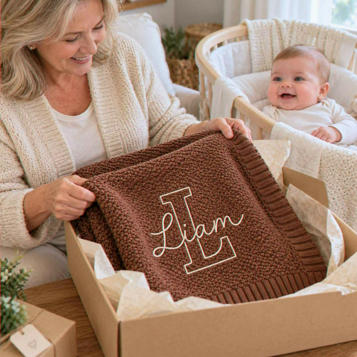 Custom Neutral Baby Blanket with Name, Embroidered Monogrammed Blanket, Grandparent Gifts for New Baby Boy
