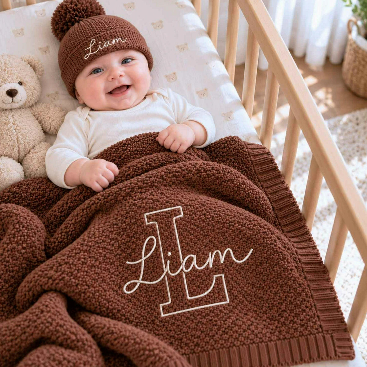 Custom Neutral Baby Blanket with Name, Embroidered Monogrammed Blanket, Grandparent Gifts for New Baby Boy
