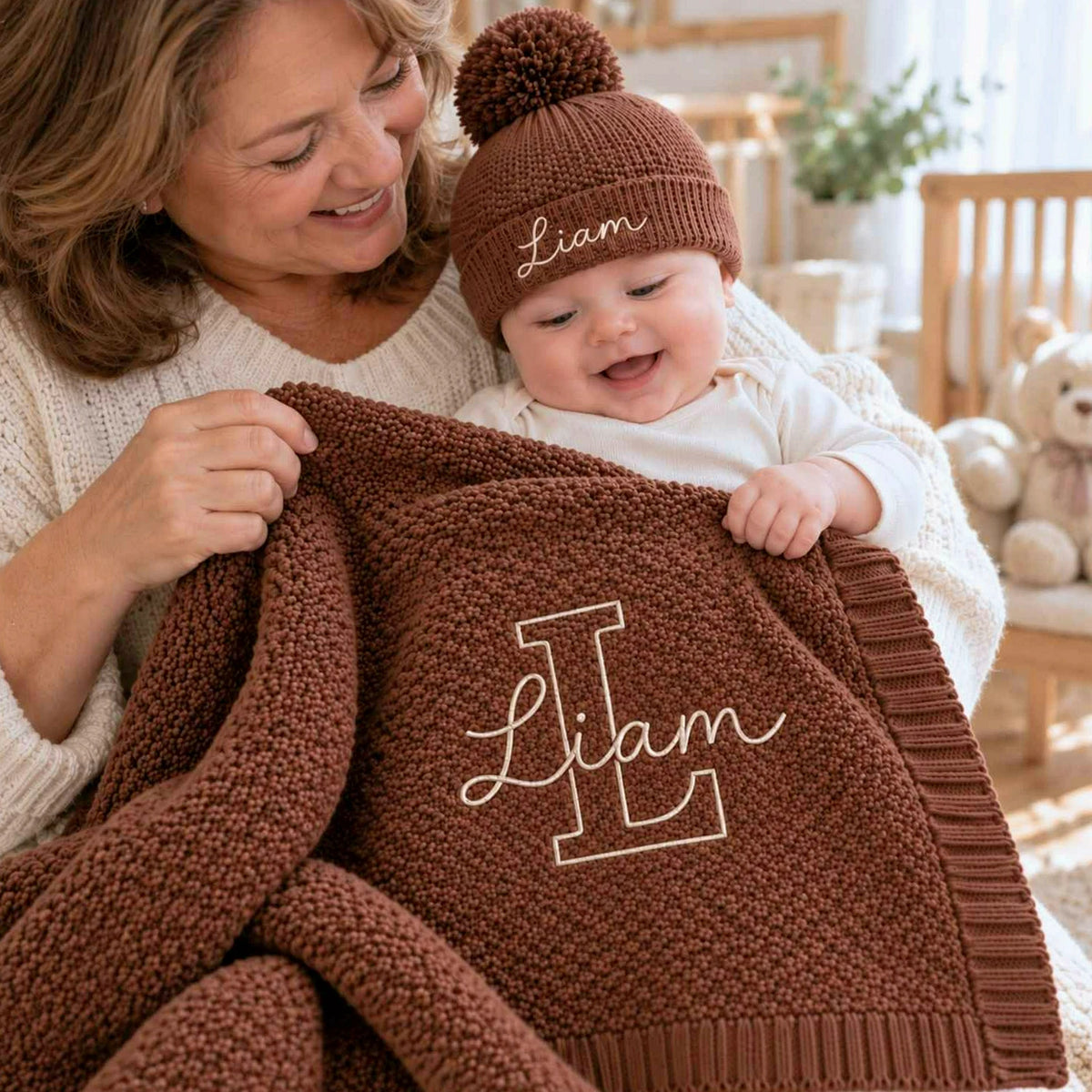 Custom Neutral Baby Blanket with Name, Embroidered Monogrammed Blanket, Grandparent Gifts for New Baby Boy