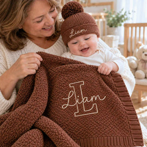 Custom Neutral Baby Blanket with Name, Embroidered Monogrammed Blanket, Grandparent Gifts for New Baby Boy