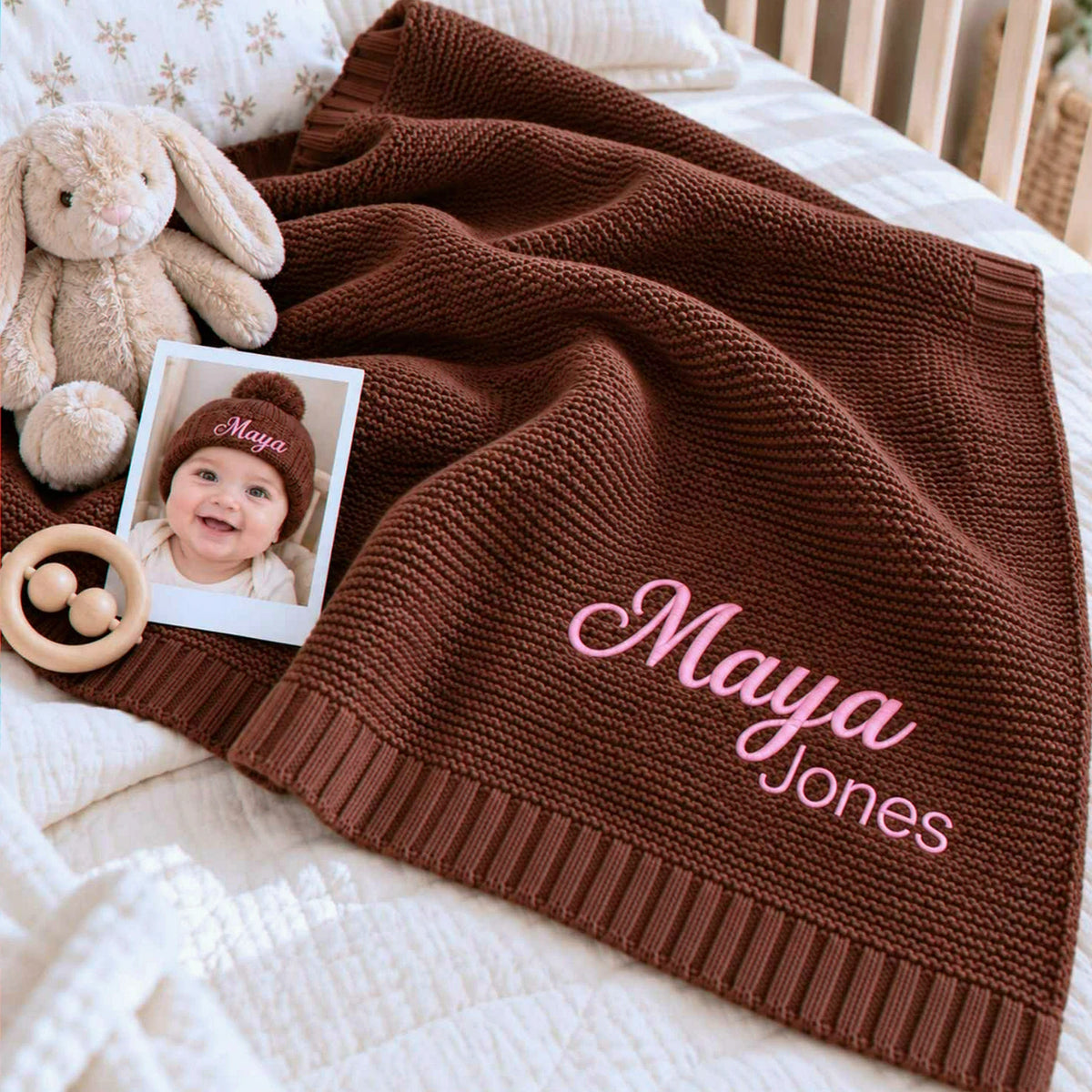 Custom Name Blanket for Girl, Embroidered Knitted Baby Name Blanket, Christening Blanket for Baby Girl