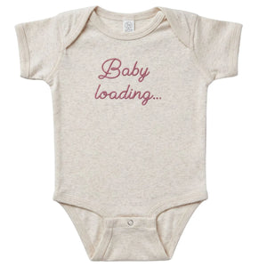 Embroidered baby announcement onesie with “Baby Loading” text for pregnancy reveal